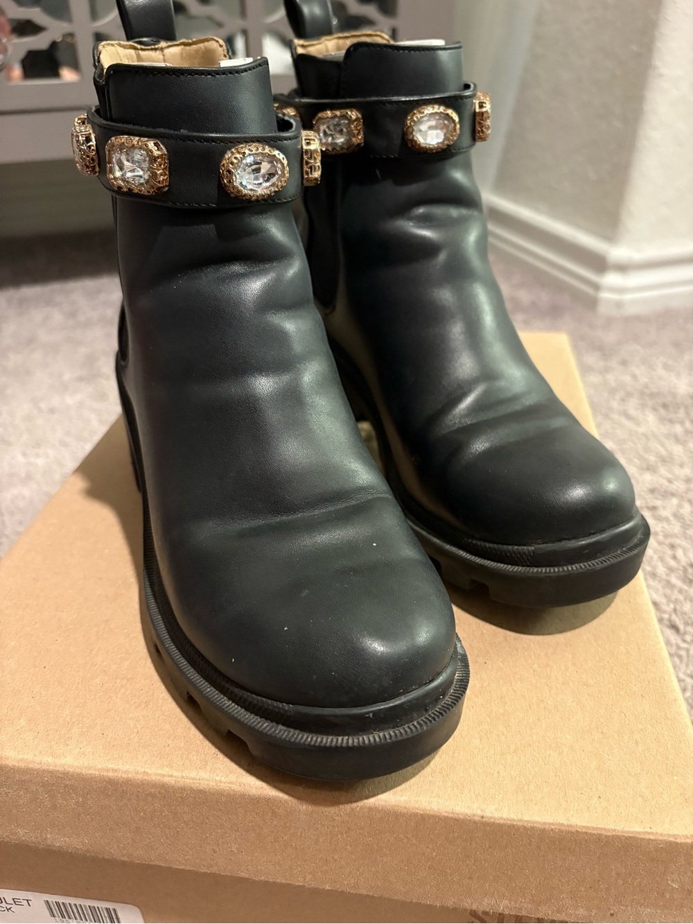 Steve Madden Embellished Black Leather Ankle Boots - Women's